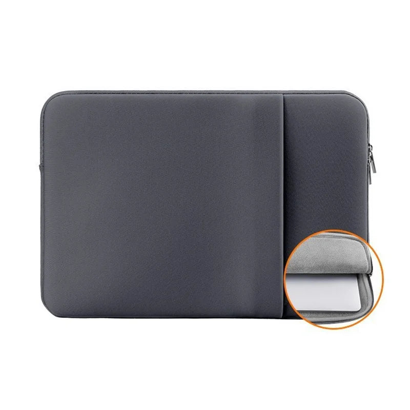 A dark gray universal laptop sleeve case shown with an inset detail of the padded interior.