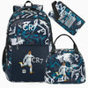 A dark blue and white sports laptop backpack featuring a camouflage pattern and an attached black rain cover.