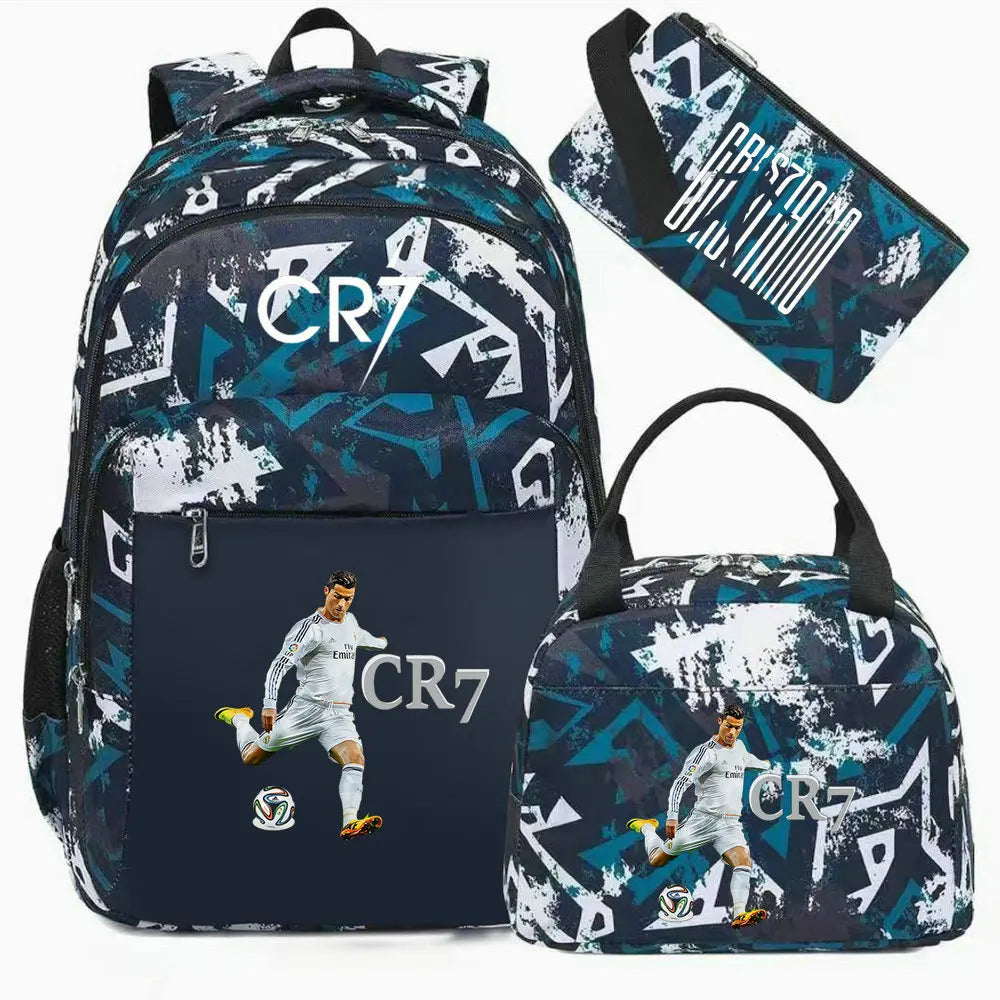 A dark blue and white sports laptop backpack featuring a camouflage pattern and an attached black rain cover.