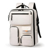 A white travel backpack with black accents and straps shown from the back.