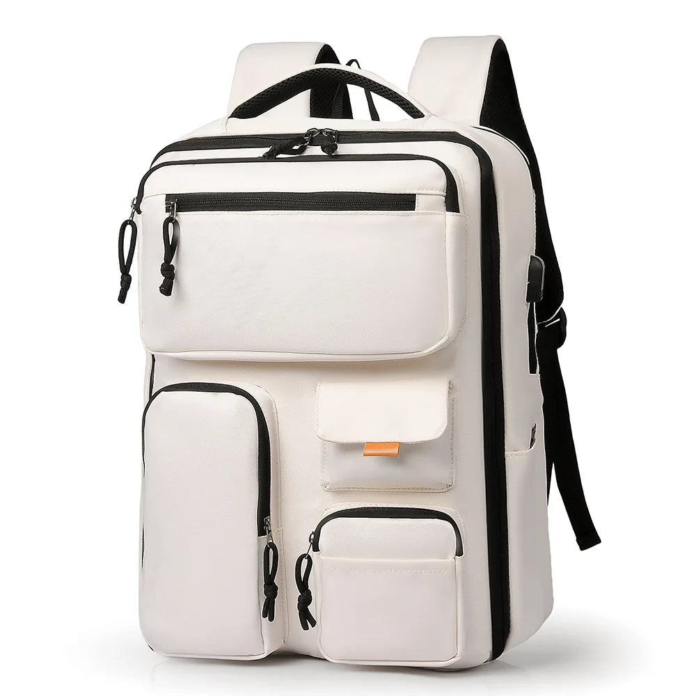 A white travel backpack with black accents and straps shown from the back.