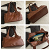 A brown leather everyday large-capacity shoulder tote bag shown in multiple angles.
