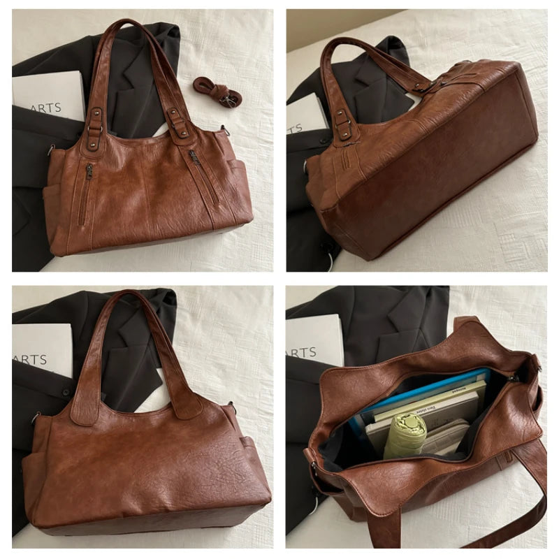 A brown leather everyday large-capacity shoulder tote bag shown in multiple angles.