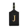 Black PU leather luggage tag with a gold-colored J initial and a metal loop for attachment.
