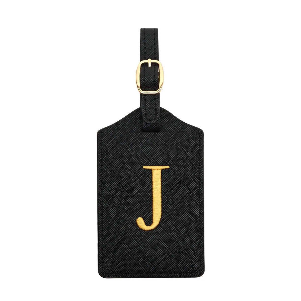 Black PU leather luggage tag with a gold-colored J initial and a metal loop for attachment.