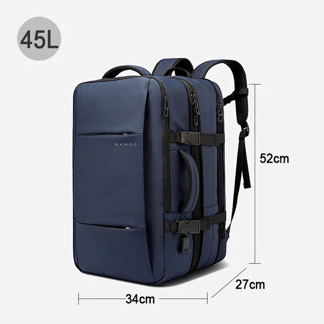 A dark blue men's business travel backpack shown with dimensions 52cm in height and 34cm in width.