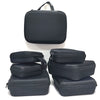 A black portable EVA storage and travel organizer bag shown in various stacked configurations.