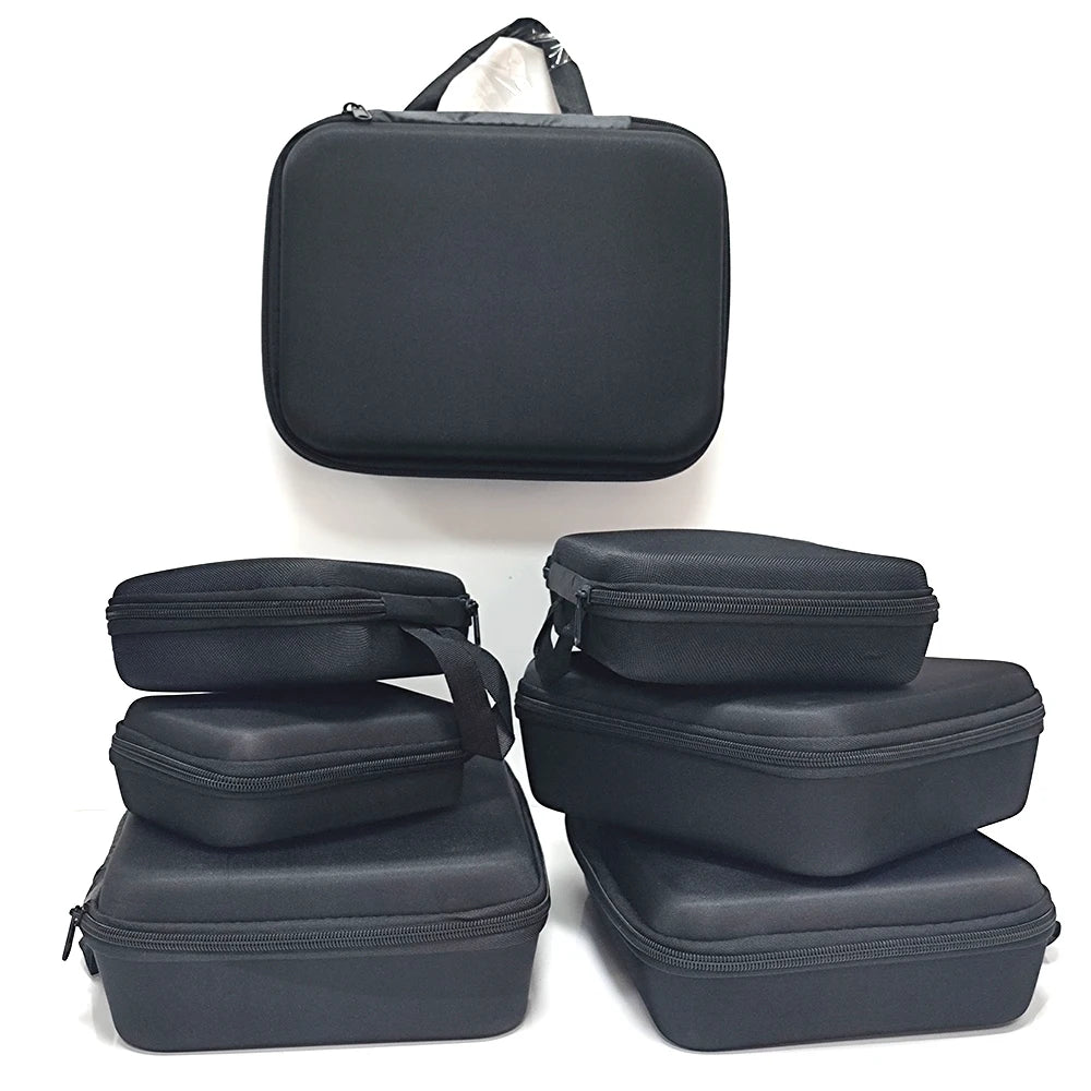 A black portable EVA storage and travel organizer bag shown in various stacked configurations.