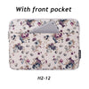 A light pink floral patterned laptop sleeve with a front pocket for a MacBook Pro.
