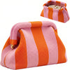A pink and orange striped knit clutch bag is shown, with a separate small pouch visible above it.