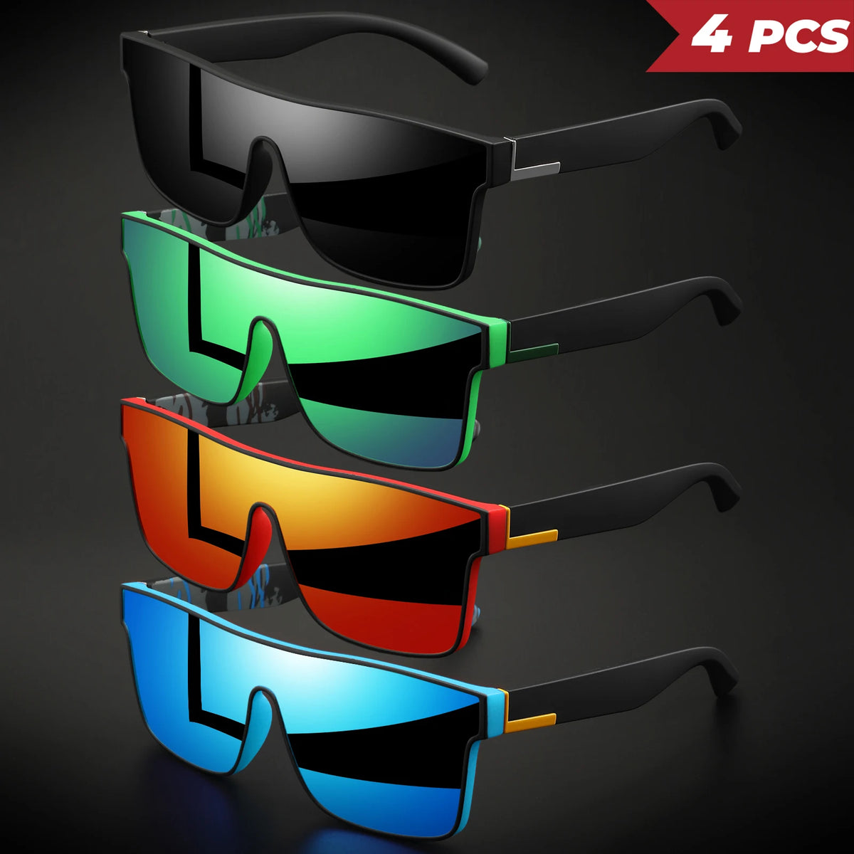 A set of four square sport sunglasses in black, green, orange, and blue colors displayed against a dark background.