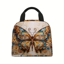 A canvas insulated lunch tote bag featuring a detailed watercolor print of an orange and blue butterfly on a light background