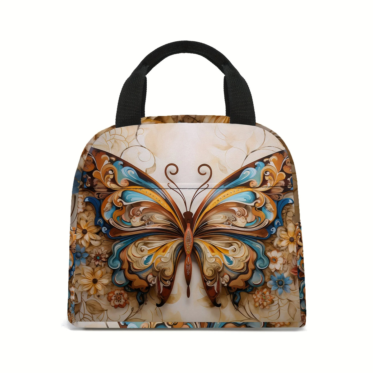 A canvas insulated lunch tote bag featuring a detailed watercolor print of an orange and blue butterfly on a light background