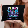 Bolsa de almacenamiento con cremallera de lona negra con texto colorido para enchufes, cables y cargadores