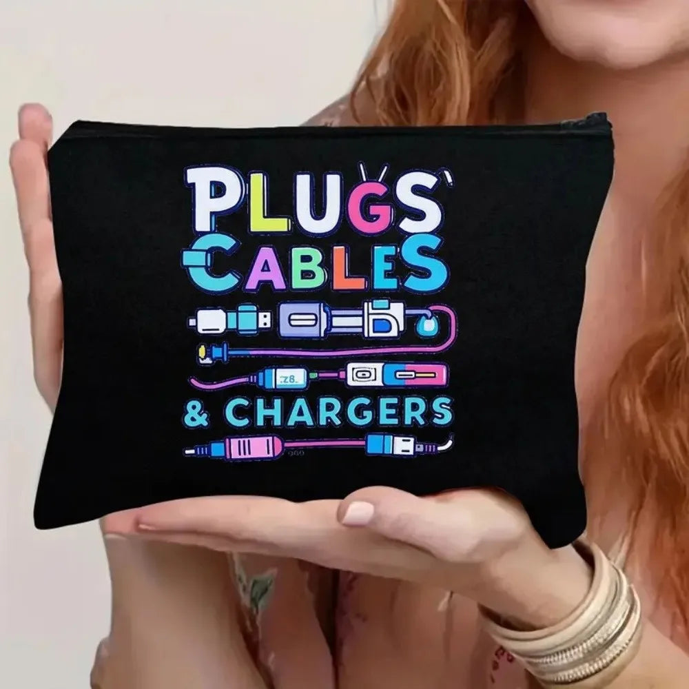 Bolsa de almacenamiento con cremallera de lona negra con texto colorido para enchufes, cables y cargadores