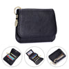 A black genuine leather RFID blocking women's wallet with a gold-tone chain and multiple card slots.