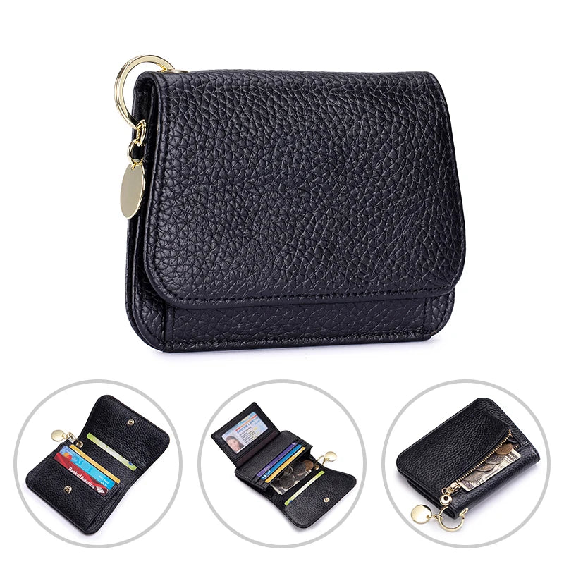 A black genuine leather RFID blocking women's wallet with a gold-tone chain and multiple card slots.