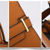 Close-up shots of a tan leather handbag showing the handle, stitching, and gold hardware details.
