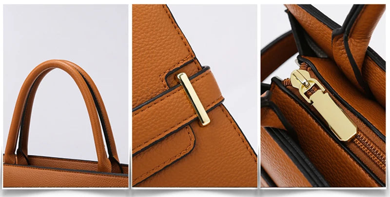 Close-up shots of a tan leather handbag showing the handle, stitching, and gold hardware details.