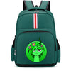 A dark green cartoon anime backpack featuring a smiling green alien character on the front pocket.