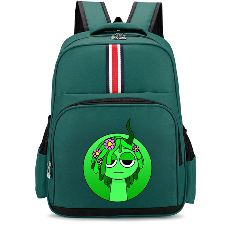 A dark green cartoon anime backpack featuring a smiling green alien character on the front pocket.