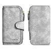A light gray leather long zipper handbag coin purse shown in a vertical orientation.