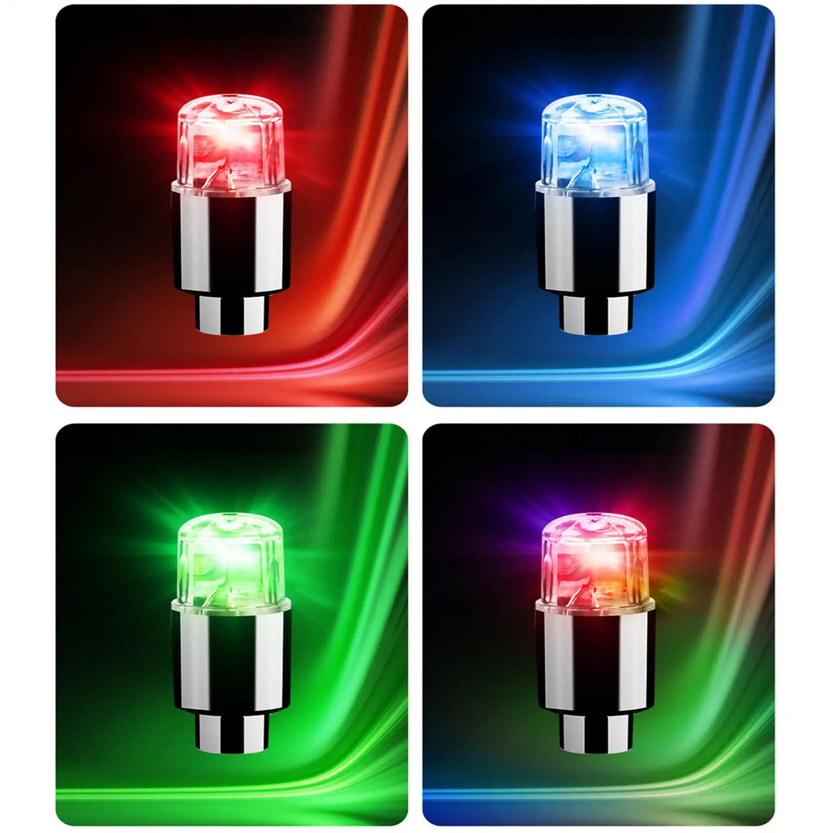 A set of four LED tire valve stem lights shown in various colors: red, blue, green, and purple.