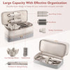 A silver double-layer storage case for hair styling tools including auto-wrap curlers, oval brush, and styling concentrator.
