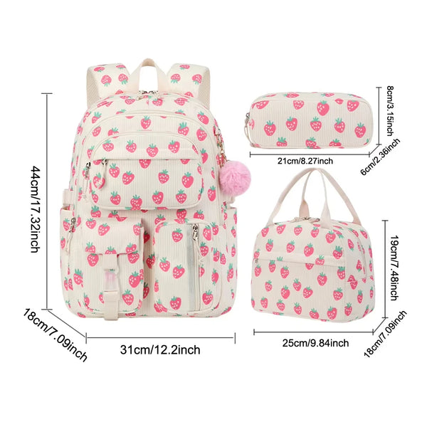 Beige Cordhosen-College-Rucksack-Set mit Blumen-Erdbeer-Muster und rosa Akzenten.