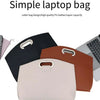 Three simple laptop bags in black, brown, and beige leather are displayed.