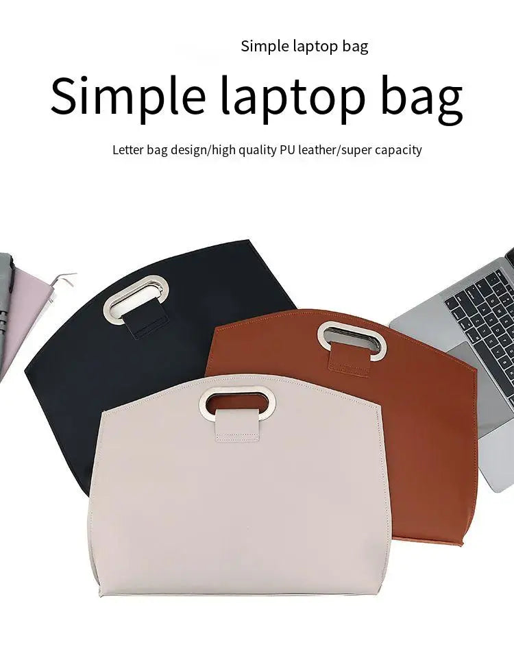 Three simple laptop bags in black, brown, and beige leather are displayed.