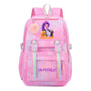 Pink and purple patterned laptop backpack featuring a fluffy pom-pom and a graphic design.
