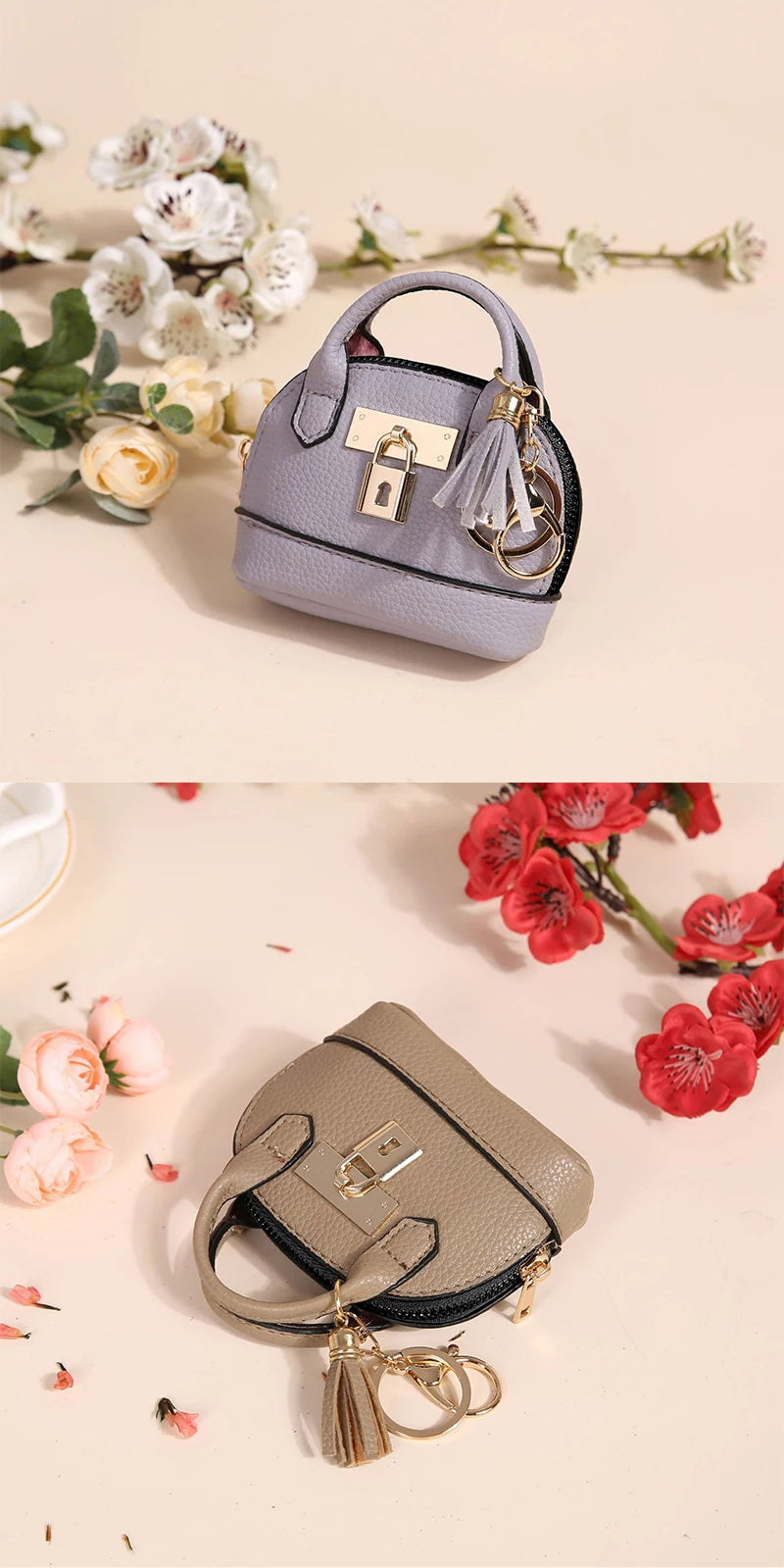 Portefeuille en PVC gris clair de luxe avec une clé USB dorée, posé sur un fond pâle.