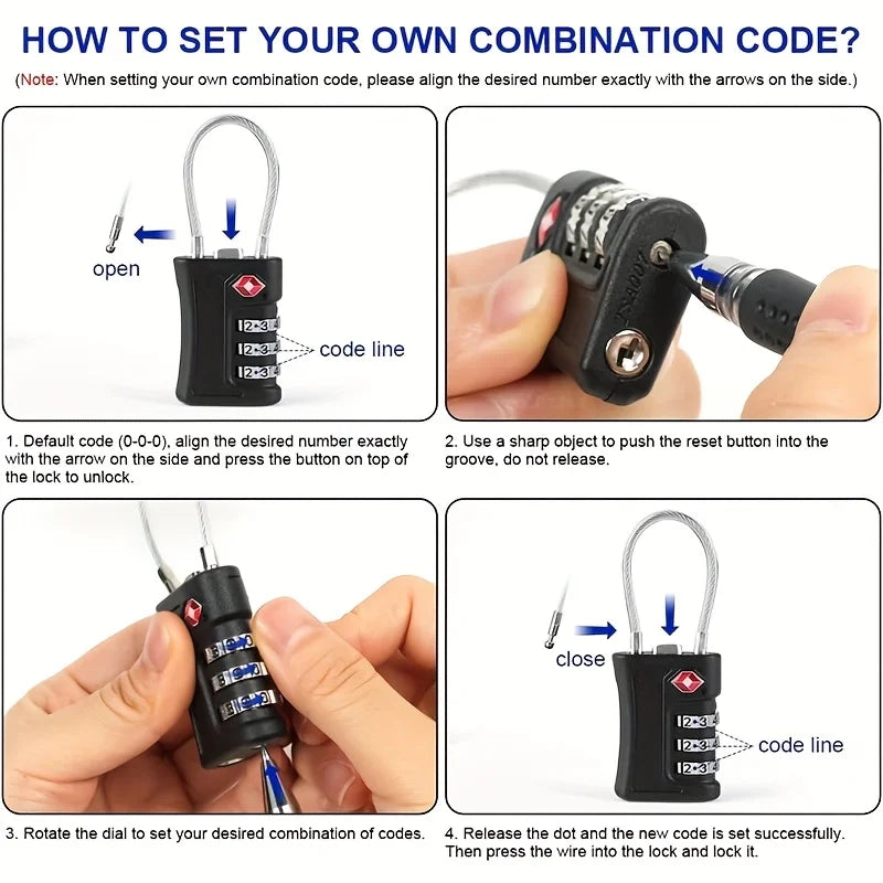 Instructions showing how to set a combination code on a TSA compatible 3-digit travel lock.