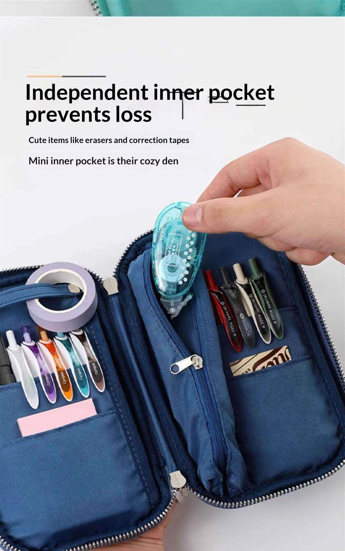A hand opens a blue corduroy pencil case to show an independent inner pocket containing a clear correction tape.