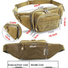A beige multi-compartment waist pack shown with various size measurements and fit guides.