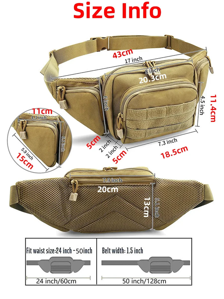 A beige multi-compartment waist pack shown with various size measurements and fit guides.