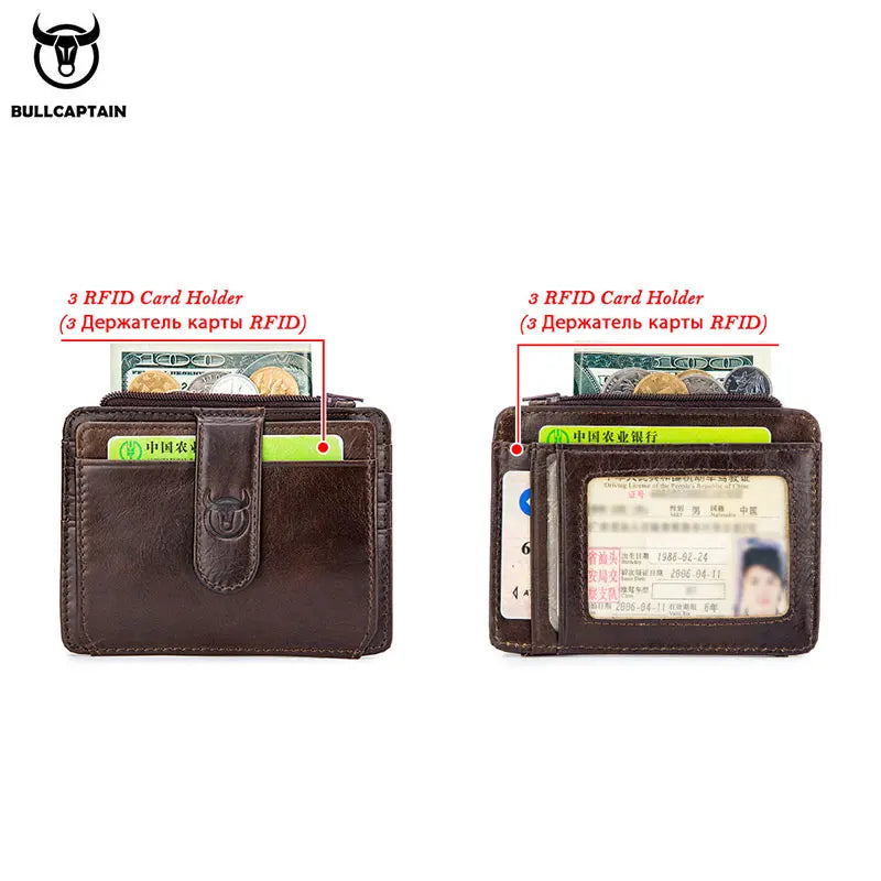 Brown genuine leather RFID blocking card holder with a slot for cards and ID