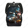 A black backpack featuring a dramatic image of a modified car with lightning effects.