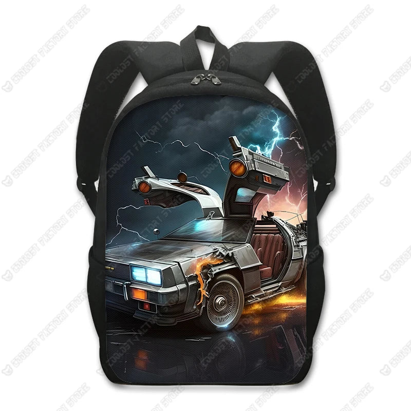 A black backpack featuring a dramatic image of a modified car with lightning effects.