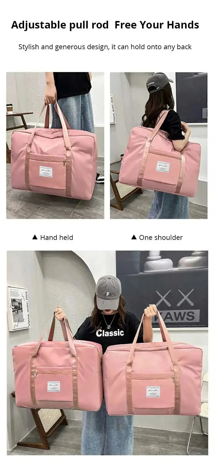 Pink canvas travel storage bag with adjustable pull rod design shown in use.