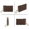 A brown geometric mini coin purse with a gold chain shown in multiple views.