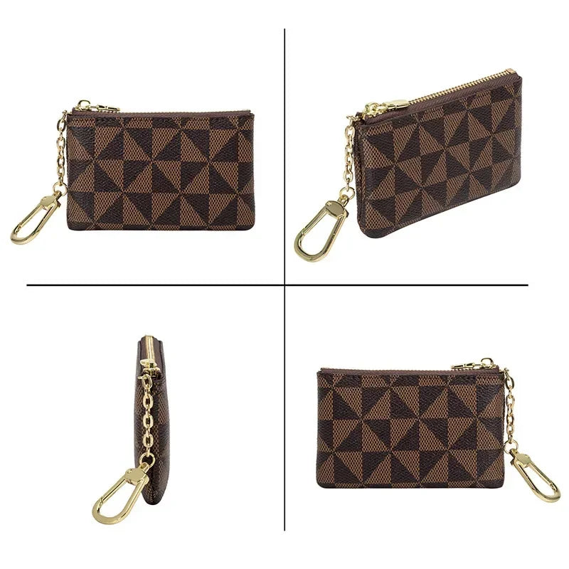 A brown geometric mini coin purse with a gold chain shown in multiple views.