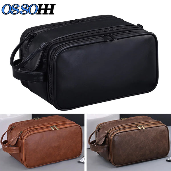 A black leather toiletry bag and a brown leather toiletry bag shown from the top and side.