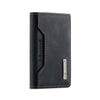 A black leather trifold magnetic card holder wallet with visible stitching.