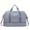 A light blue gray expandable nylon travel duffle bag with padded straps and a zipper closure.