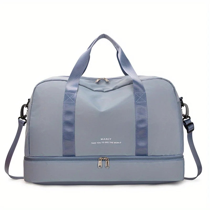 A light blue gray expandable nylon travel duffle bag with padded straps and a zipper closure.
