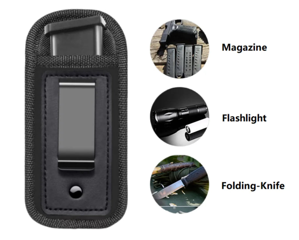 Black universal inside-the-waistband magazine holster featuring a flashlight and folding knife.