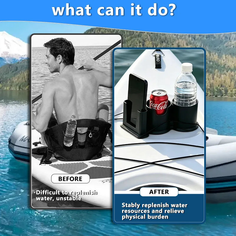 Before and after comparison showing a multi-functional kayak drink holder and phone stand used on a boat.