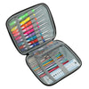 A storage bag filled with various colored crochet hooks and sewing accessories.